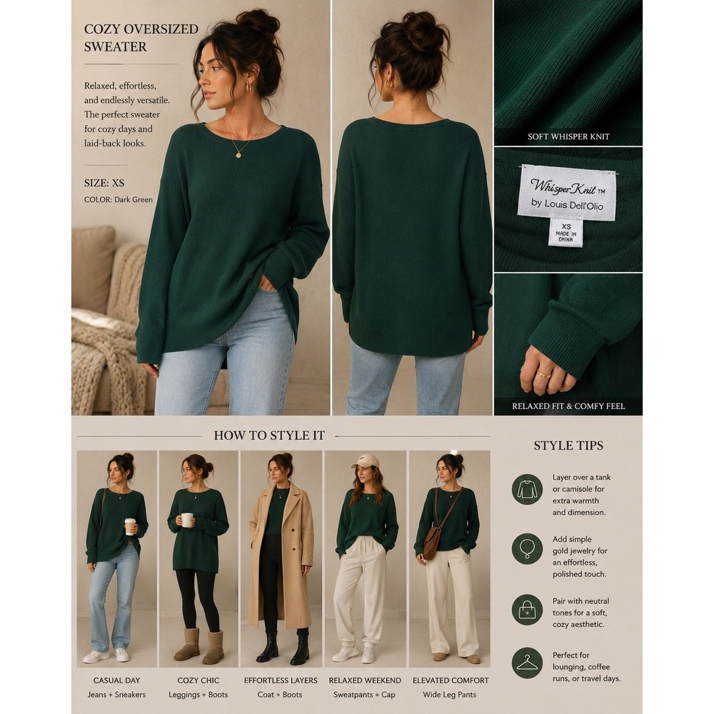 Louis‎ Dell'Olio Whisper Knit Sweater Women XS Green Excellent Oversized Ribbed